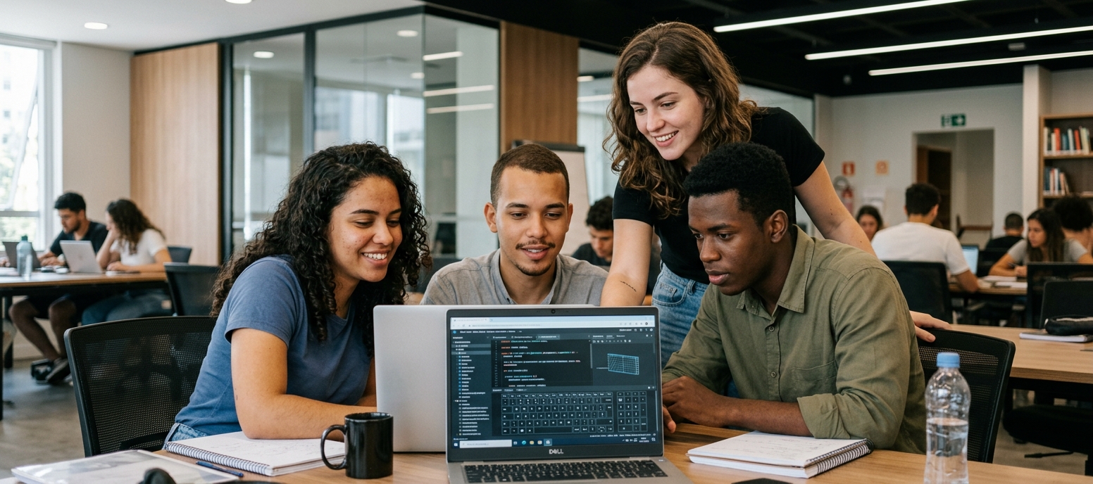 Estudantes reunidos em torno de um notebook